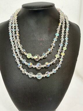 Vintage Aurora Borealis Crystal Necklace 3 Strand Graduated Faceted Clear 14”+2”